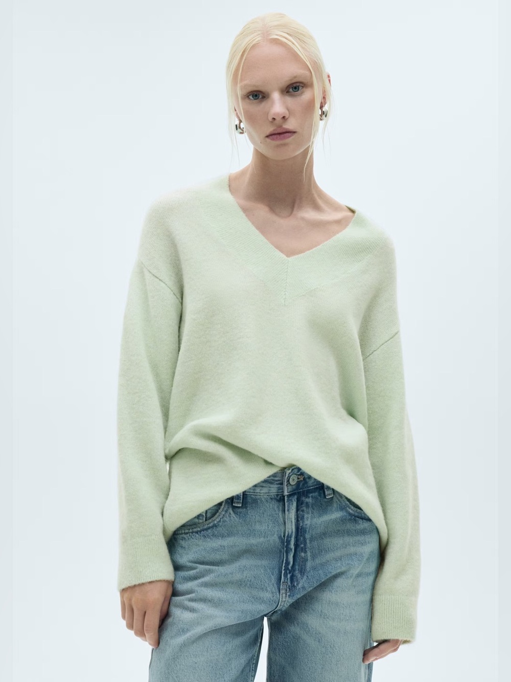 Mango Aqua Green oversized v-neck sweater NWT